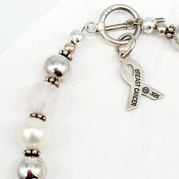 Freshwater Pearl & Faceted Quartz Beaded Bracelet Sterling Clasp & Charm 7 Inch - Picture 3 of 6